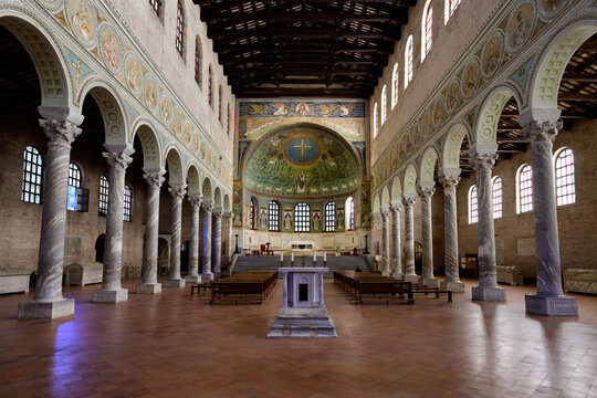 Ravenna, Italy - September 30 2025: Sant' Apollinare in Classe Interior Nave with Mosaics.