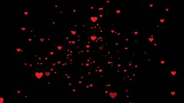 Transparent background hearts animation, featuring multiple red hearts slowly moving forward toward the camera in depth, with gentle floating motion blinking. Romantic motion element for Valentine