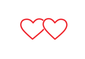 Two distinct, elegantly formed, interconnected crimson red heart outlines, vector art illustration, isolated against a transparent background with copy space. Concept of eternal love and unity