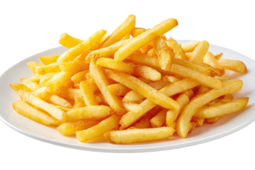 Pile of golden french fries on a white plate isolated on transparent background. Delicious golden french fries pile high on a white plate isolated on white background.