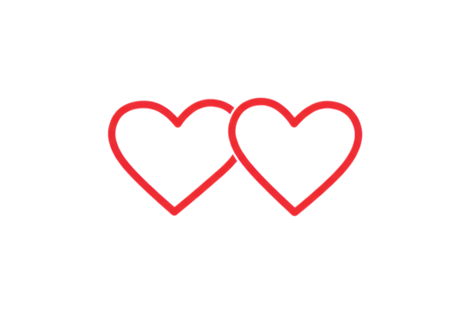 Two distinct, elegantly formed, interconnected crimson red heart outlines, vector art illustration, isolated against a transparent background with copy space. Concept of eternal love and unity - Powered by Adobe