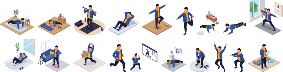 Isometric Home Workout Routine with Man in Different Exercise Poses Illustration