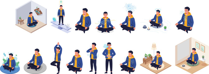 Isometric Illustration Set of Man Meditating for Relaxation and Mental Health