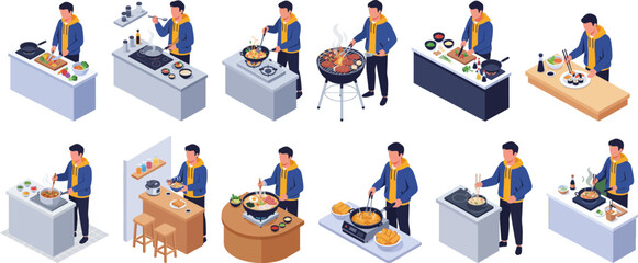 Isometric Detail Man Cooking Various Dishes Preparation at Kitchen Illustration