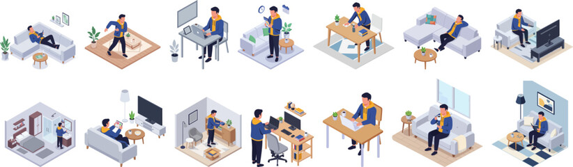 Isometric Detailed Person in Different Activity Lifestyle and Home Interior Illustration