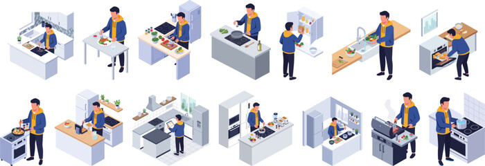 Isometric Interior Design Man Cooking Food Preparation at Kitchen Scenarios