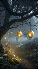 Mystical forest with golden lanterns hanging from tree