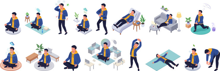 Isometric Illustrated Man Meditating and Doing Relaxation Exercise at Home Set
