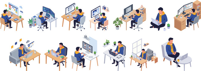 Isometric Person Work From Home Illustration Set on Desk and Laptop