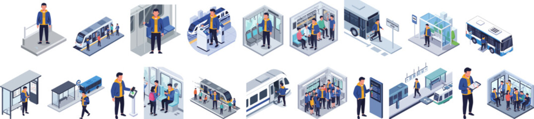 Isometric Illustration Collection People in Public Transport and Transportation System