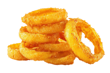 Crispy golden onion rings stacked isolated on transparent background. Crispy golden onion rings stacked ready for delicious snacking delight isolated on white background.