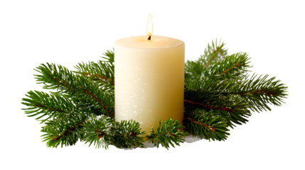 Elegant burning Christmas candle with red ornaments and a gold flame set against a green pine fir tree branch on a white background for a festive December holiday celebration