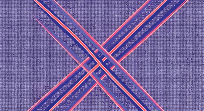 A vibrant abstract digital background with intersecting geometric lines forming an X-shape, textured with a glitch effect in dynamic purple, blue, and pink.