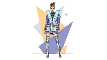 Fototapeta premium Futuristic female character in metallic armor standing against geometric shapes