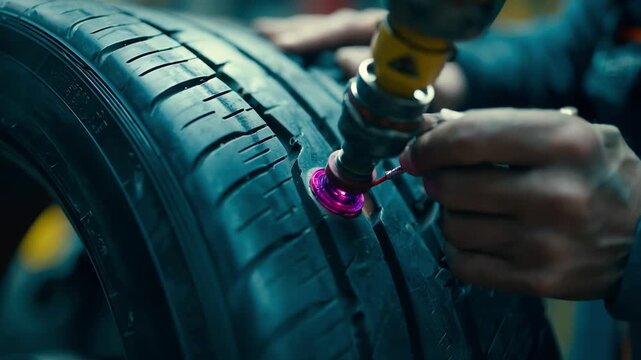 Medium shot of a technician embedding a pressure sensor inside a retread tire for realtime monitoring to ensure continuous tire safety and performance