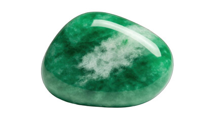 Polished Green Jade Gemstone with White Inclusions on White Background