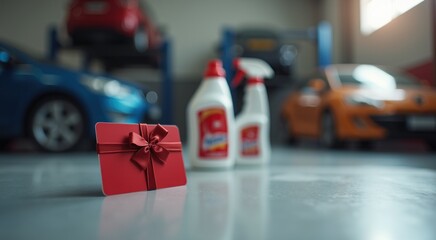 Red present box sitting on a table next to a blue car tidy garage surface