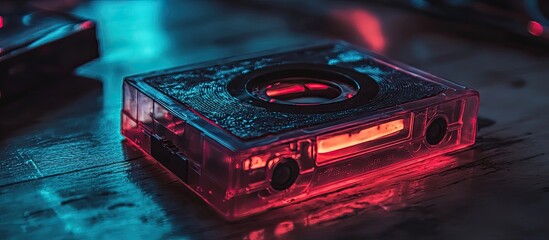 Neon-Lit Cassette Tape with Intricate Texture and Reflective Surface