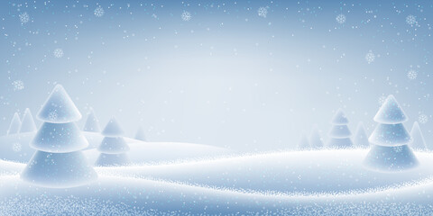 Winter magical snowy 3d landscape background with fir trees. Horizontal banner with copy space. Vector illustration.