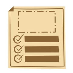 Hand drawn illustration of a checklist with three tick marks, lines for text and a frame for additional content all presented on an old paper.