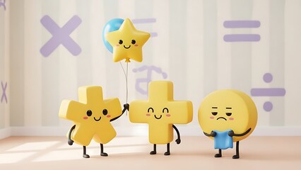 Three cartoon math symbols with smiling faces standing in a room
