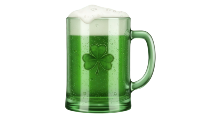 A green beer mug with a shamrock on it filled with green beer and topped with white foam isolated on transparent background