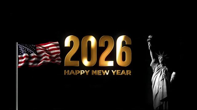 2026 Happy New Year USA Animation &ndash; Gold Metallic Text Reflection with Waving American Flag and Statue of Liberty on Black Background