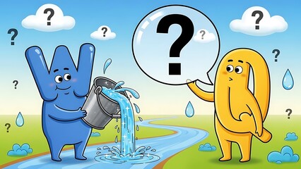 Cartoon characters with question marks and water bucket blue yellow