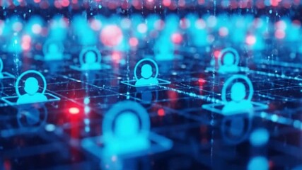 Abstract network of interconnected people represented by glowing avatars in blue and red - Powered by Adobe