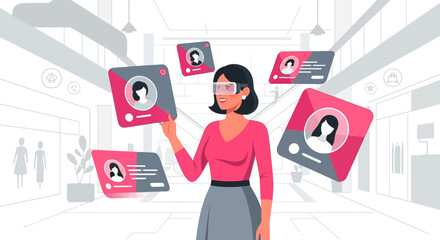 Augmented reality interface showing women in a modern mall environment with virtual avatars