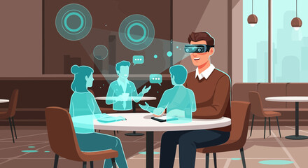 Augmented reality meeting illustration showcasing holographic avatars and communication interface