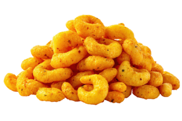 Pile of crunchy cheese flavored puffed corn snacks isolated on transparent background. Crispy golden puffed corn isolated on white background.