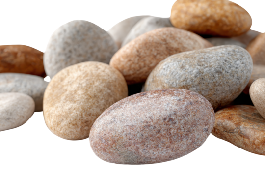 Pile of smooth river stones isolated on transparent background. Pile of natural smooth rounded pebbles and stones isolated on white background. - Powered by Adobe