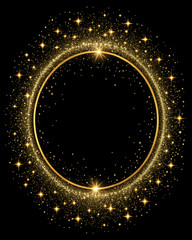 Golden circle frame with sparkling stars on black background