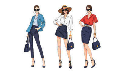 Fototapeta premium Three women showcasing fashionable outfits and accessories in a stylish illustration.