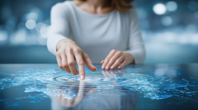 Focused woman hand touch digital technology screen global interface - Powered by Adobe