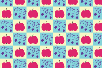 Seamless checkered pattern with apples and hand-drawn childish doodles. Vector illustration.