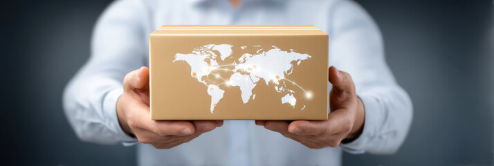 Man offering global delivery box for international shipping logistics package