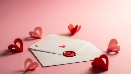 A romantic envelope sealed with a heart-shaped wax seal and paper hearts surrounding it, with a pink background