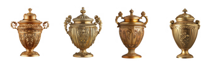 Four antique ornate bronze trophy cups isolated on transparent background