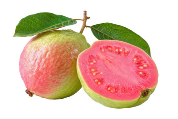 Ripe pink guava fruit with leaves isolated on transparent background. Fresh pink guava fruit one whole and one half isolated on white background.