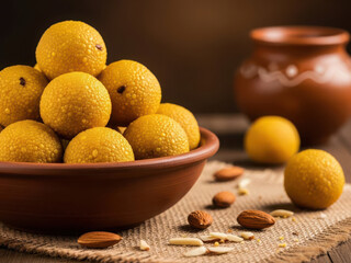 Golden ladoos in rustic bowl