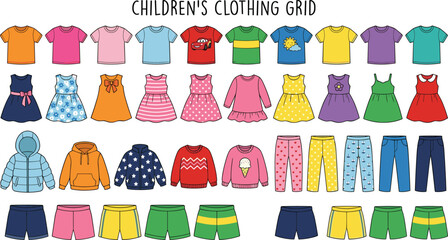 Children’s clothing grid illustration, t-shirts dresses jackets pants shorts sweaters leggings, colorful fashion set, flat vector design