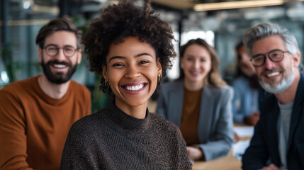smiling multicultural professionals showcasing teamwork and success in modern office, diverse business professionals collaborating confidently in modern office