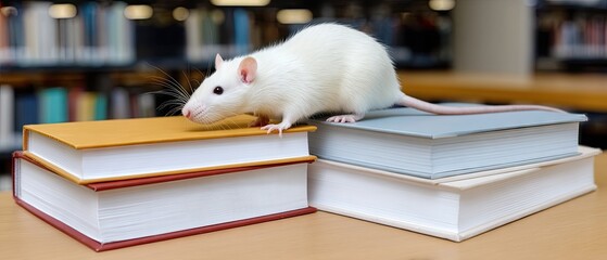 Cute rat reads three books while standing on top of them in a library setting during daylight hours with clear lighting