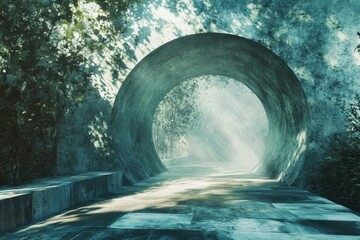 Serene path through a circular stone arch in a quiet forest during early morning light