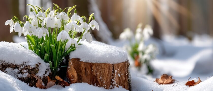 Beautiful snowdrops bloom in snow with a rustic log in the background during early spring in a calm forest setting