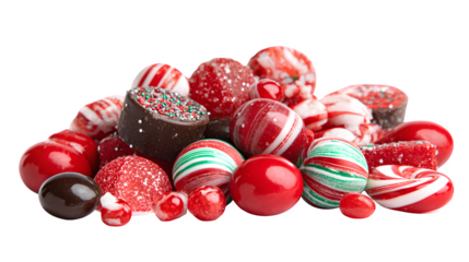 A group of colorful painted chocolate Easter eggs and traditional candy decorations are isolated on a white background for a spring holiday celebration gift