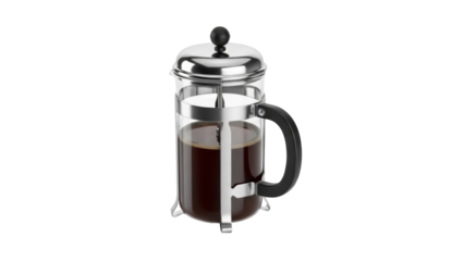 French press coffee maker PNG isolated on transparent background, plunger coffee pot for brewing hot drinks and beverages