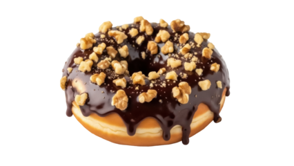 Delicious chocolate glazed donut with walnuts isolated PNG, sweet treat with nuts topping on transparent background for bakery and dessert concepts
